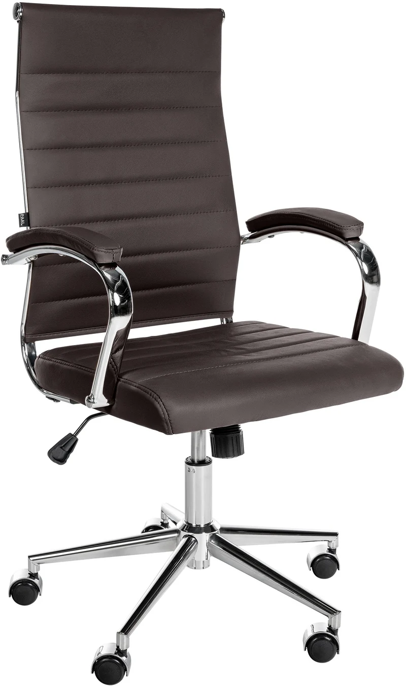 Fauteuil de bureau en cuir véritable couleur café surpiqûre horizontale et pieds métal chromé 10_0002557