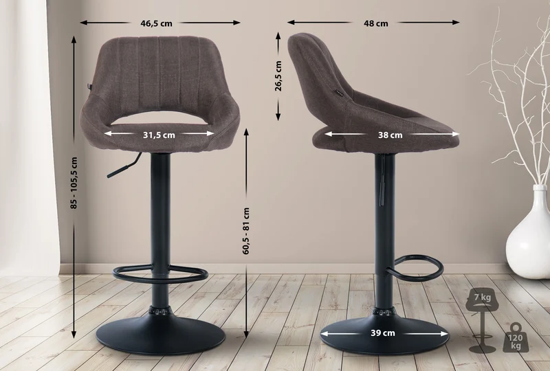 Tabouret de bar x1 réglable en hauteur en tissu gris dossier ajouré et pied métal noir 10_0005728