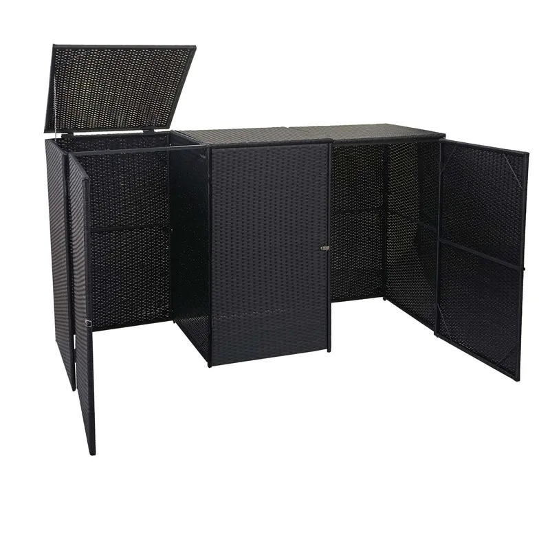 Abri de poubelles extérieur conteneurs à ordures avec couvercle jusqu'à 3 bacs en poly rotin noir 3x120 litres 04_0000952