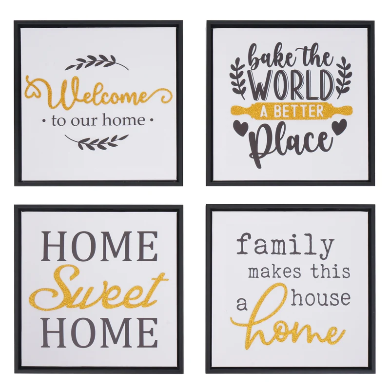 Lot de 4 tableaux décoratifs modernes 30 x 30 cm avec messages inspirants cadre en bois noir 04_0009163
