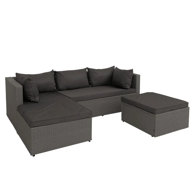 Salon de jardin avec 5 fauteuils de jardin modulables confortables style moderne 63 x 204 x 142 cm en poly-rotin gris coussin gris foncé 04_0009553