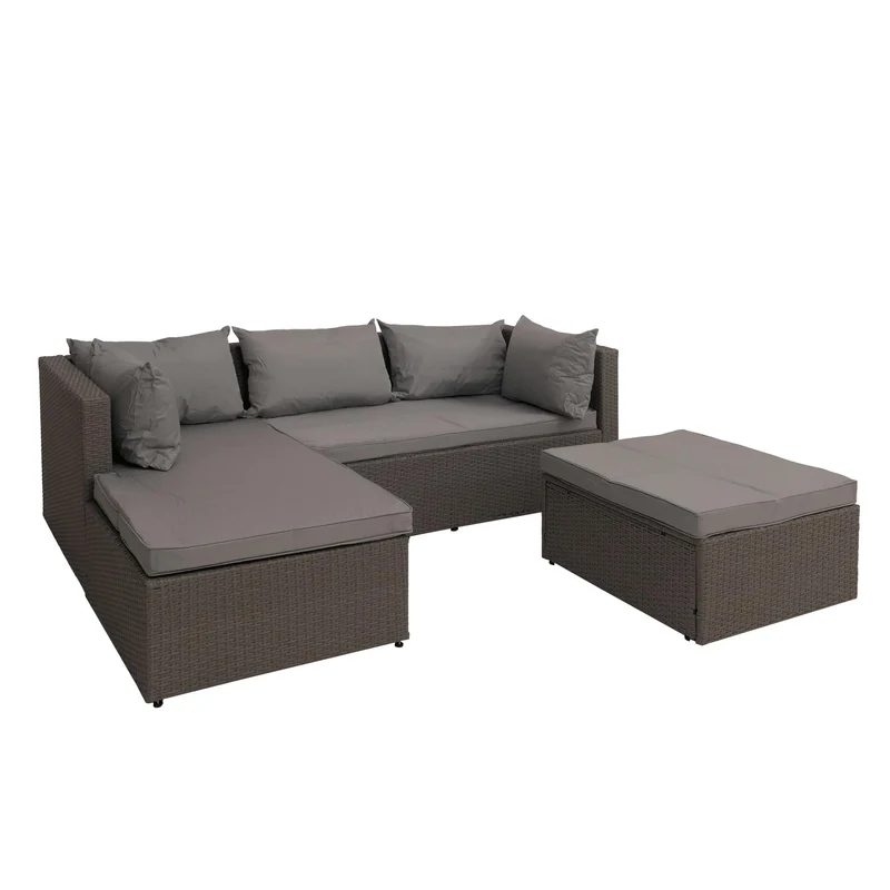 Salon de jardin avec 5 fauteuils de jardin modulables confortables style moderne 63 x 204 x 142 cm en poly-rotin gris coussin gris clair 04_0009554
