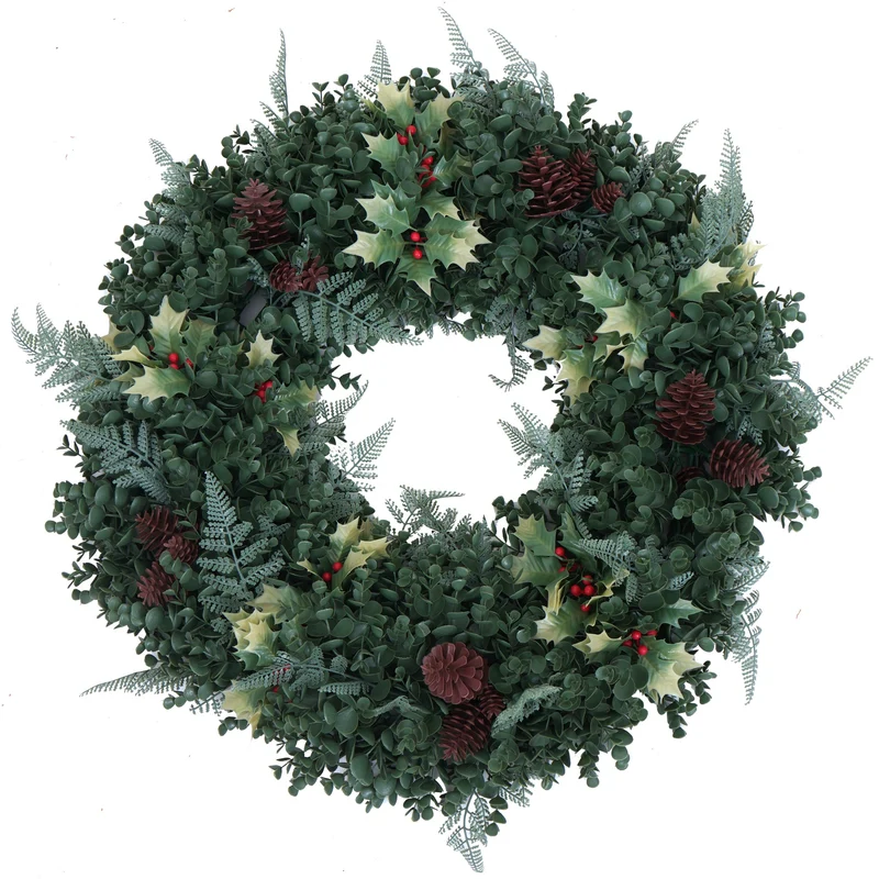 Couronne décorative ronde avec 4 porte-bougies intérieure extérieure 60 cm ambiance festive en PE vert 04_0009149