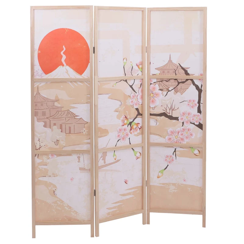 Paravent pliable 3 panneaux style déco orientale 170 x 137 cm espace zen en polyéthylène beige 04_0008912
