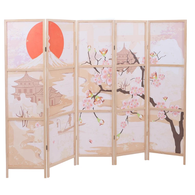 Paravent pliable 5 panneaux style déco orientale 170 x 227 cm pratique espace zen en polyéthylène beige 04_0008907