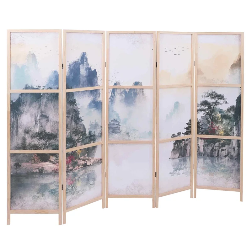 Paravent séparation de pièce 5 panneaux motif montagne en bois de pin et polyéthylène 170 x 227 cm 04_0008905