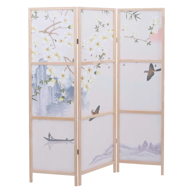 Paravent pliable 3 panneaux décoratif sépateur de pièce 170 x 137 cm motif paysage de rivière en polyéthylène beige 04_0008913