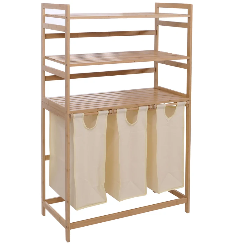Lot de 3 paniers à linge pratiques pour salle de bain avec étagères 125 x 80 x 40 cm design épuré en bambou naturel et crème 04_0008767