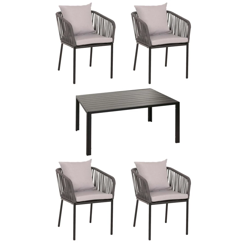 Salon de jardin table 140x80 cm + 4 fauteuils corde tressée gris et coussins crème 04_0010084