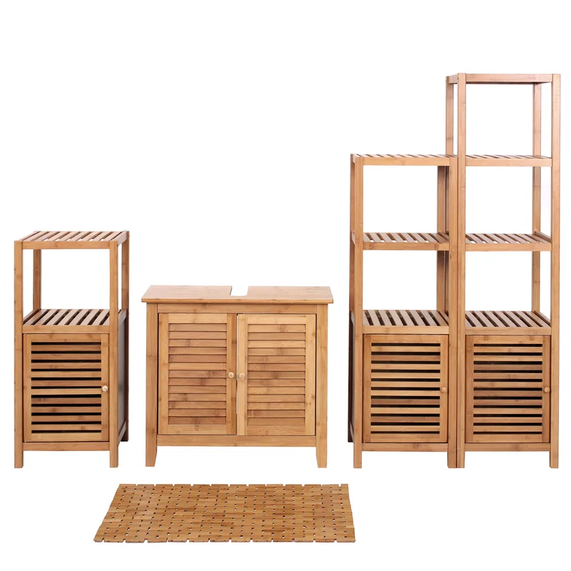 Ensemble de meubles de salle de bain avec rangement et tapis antidérapant en bambou naturel 04_0011306