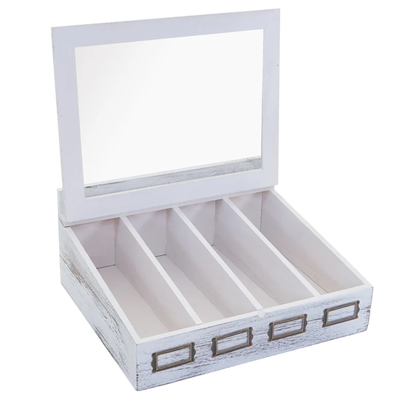 Boîte de rangement en bois de Paulownia blanc avec couvercle vitré et 4 compartiments 04_0011179