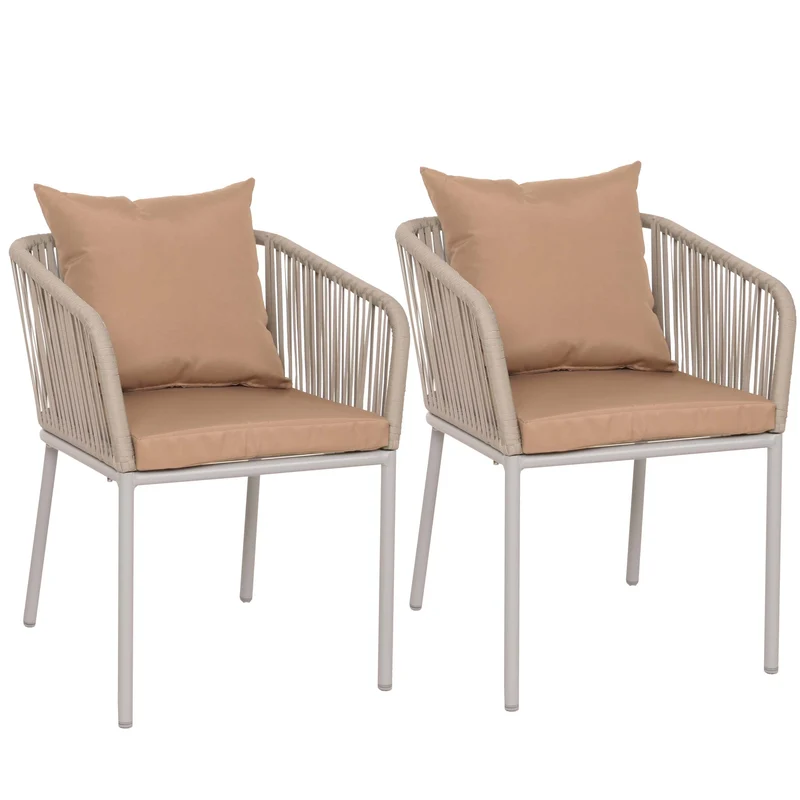 Lot de 2 chaises de jardin avec accoudoirs structure aluminium et tressage corde coussins taupe 04_0010096