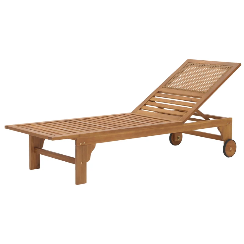 Bain de soleil chaise longue dossier réglable 4 positions avec roues en bois massif acacia huilé et poly-rotin décoratif 04_0010070