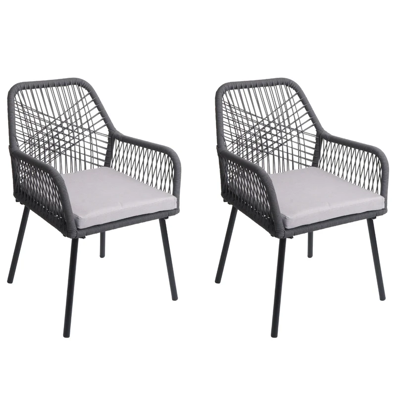 Lot de 2 chaises de jardin motif graphique aéré en aluminium anthracite corde tressée et coussins gris inclus 04_0009695