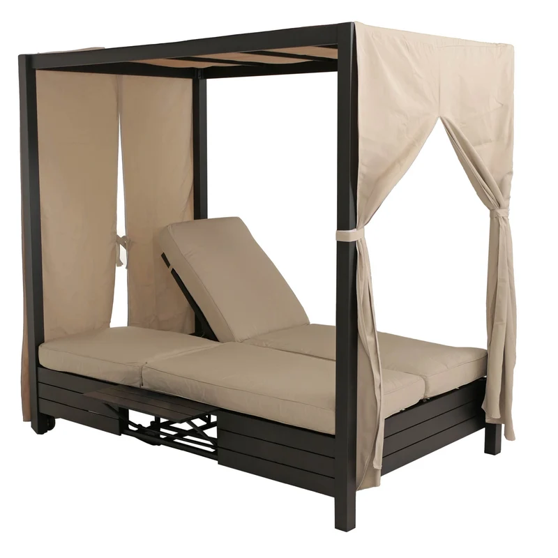 Lit de jardin double avec fonction bain de soleil avec rideaux coussin crème 10 cm en aluminium noir 04_0009741