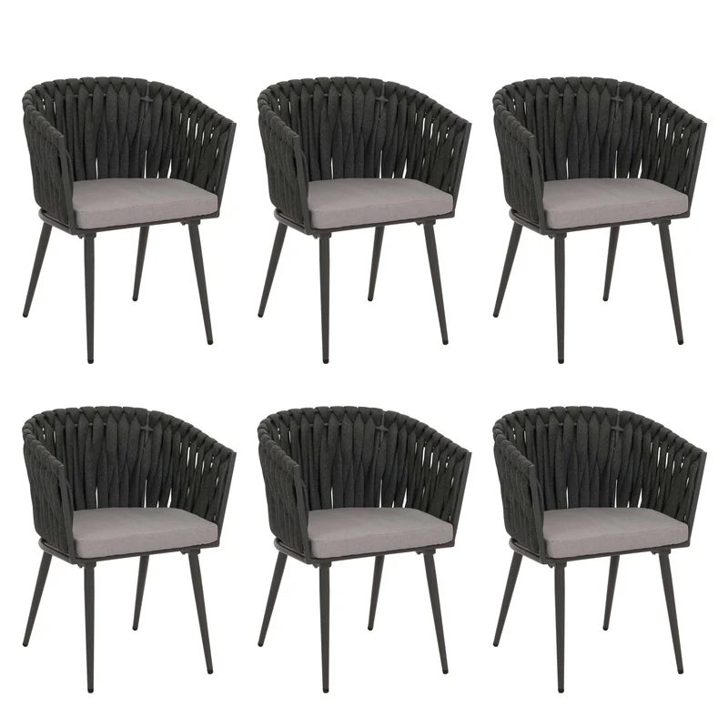 Lot de 6 chaises de salle à manger en aluminium corde tressée anthracite et coussins gris clair 04_0009745