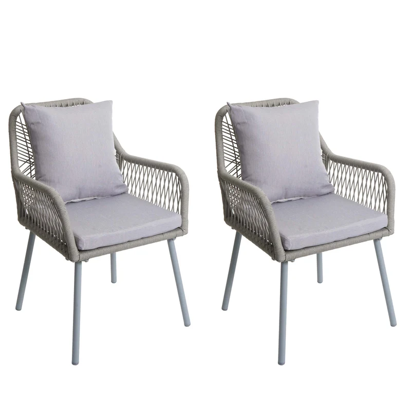 Lot de 2 chaises de jardin design moderne terrasse balcon jardin en aluminium gris et corde tressée coussins gris clair 04_0009687