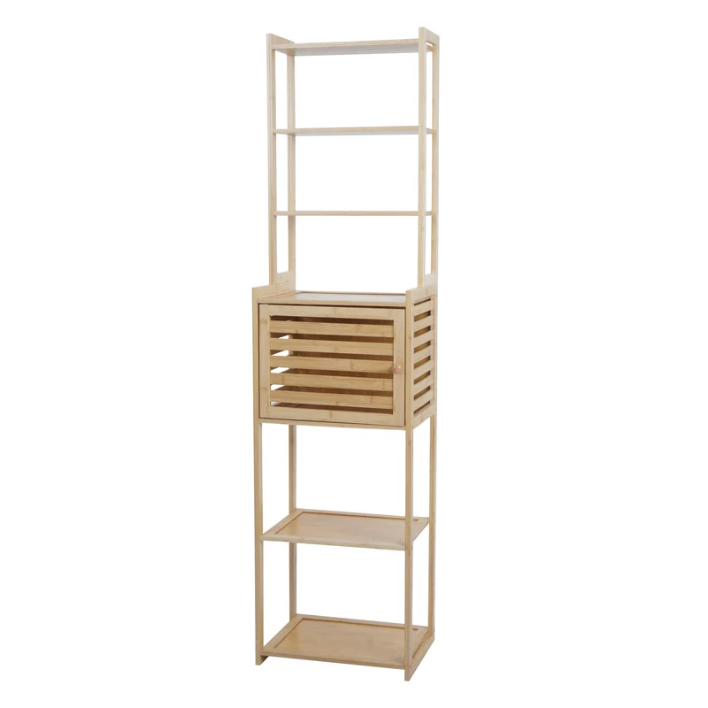 Étagère sur pied salle de bain en bambou meuble avec porte et 6 étagères 165 x 42 x 30 cm 04_0009113