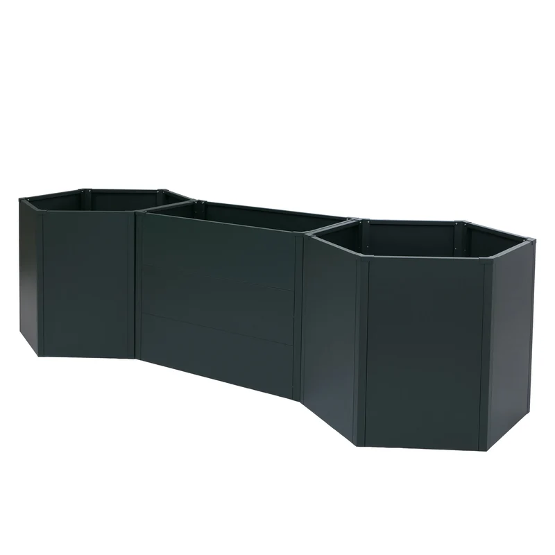 Lot de 3 bacs potagers surélevés 2 hexagonaux + 1 rectangulaire 1260 litres 77 x 286 x 88 cm acier galvanisé thermolaqué vert 04_0008896