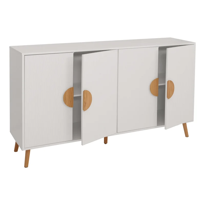 Buffet design façades 3D blanches 4 compartiments 88 x 150 x 40 cm MDF mélaminé et pieds en chêne massif 04_0009570
