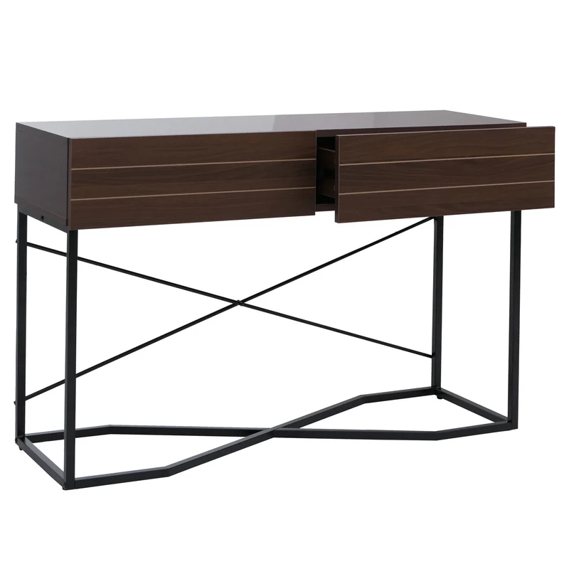 Console industrielle avec 2 tiroirs style loft 81 x 120 x 40 cm MDF mélaminé aspect noyer et métal noir 04_0008853