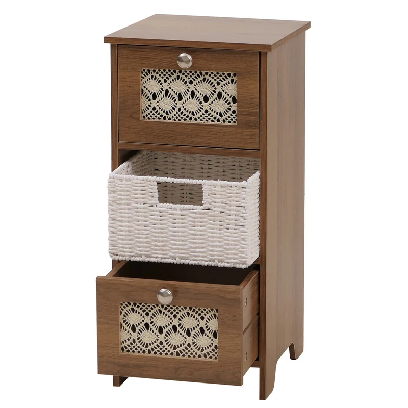 Petite commode avec 3 tiroirs dont 1 panier en rotin amovible style naturel 63 x 30 x 30 cm MDF mélaminé marron 04_0009110