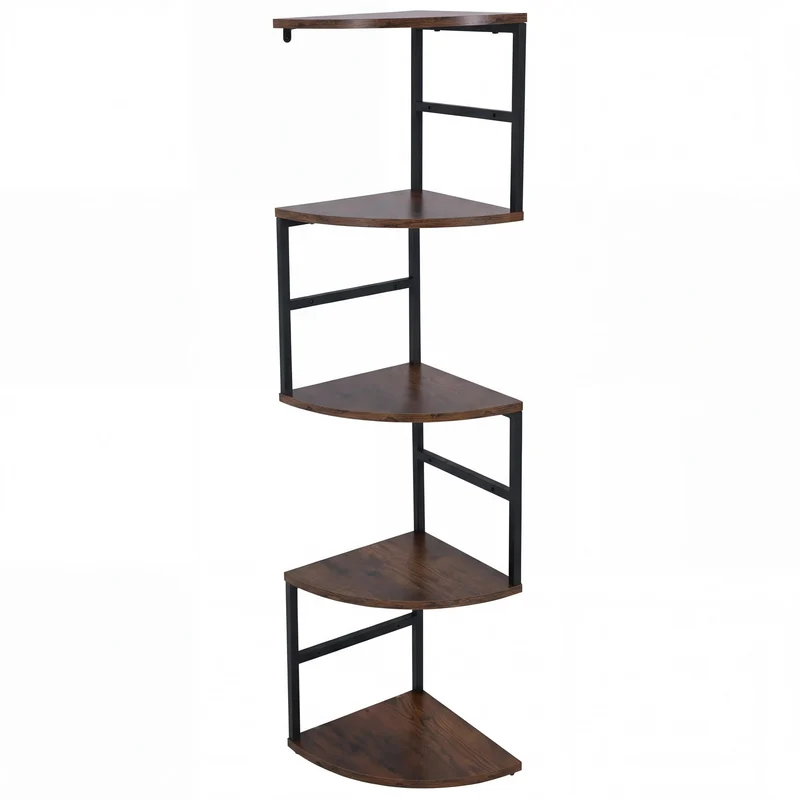 Étagère d’angle murale 5 niveaux style industriel 128 x 30 x 30 cm métal noir et MDF mélaminé brun foncé 04_0008745