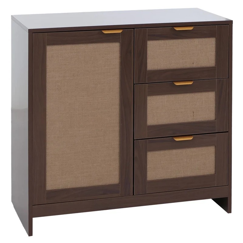 Commode avec 3 tiroirs et 2 compartiments façade effet lin 80 x 80 x 40 cm MDF mélaminé aspect noyer poignées dorées 04_0008720