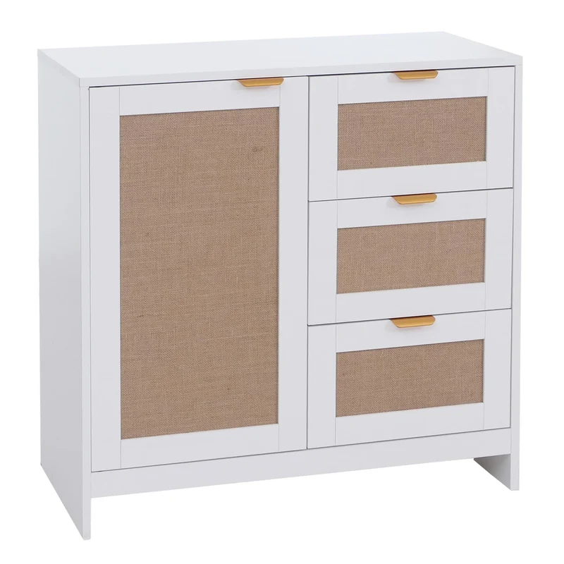 Commode avec 3 tiroirs et 2 compartiments façade effet lin 80 x 80 x 40 cm MDF mélaminé blanc poignées dorées 04_0008719