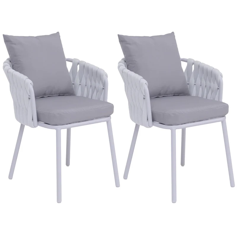 Lot de 2 fauteuils de jardin en aluminium et corde tressée coussins déperlants gris clair 04_0008729