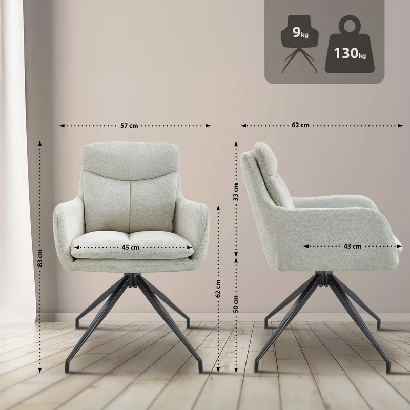 Lot de 2 chaises de salle à manger avec accoudoirs assise fonction pivotante en tissu crème 10_0007635