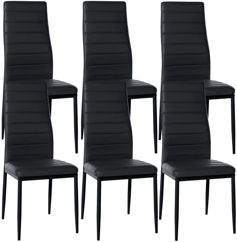Lot de 6 chaises de salle à manger design simple en synthétique noir avec couture cadre en métal noir CDS10296