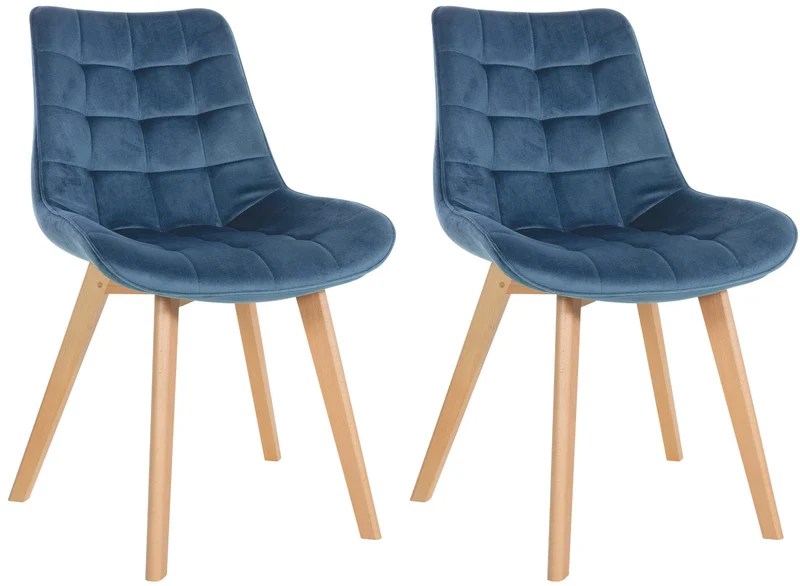 Lot de 2 chaises de salle à manger design scandinave coutures carrées en velours bleu pieds en bois clair 10_0001678