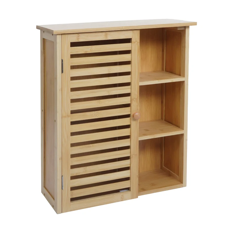 Armoire murale salle de bain meuble suspendu en bambou avec porte et 5 compartiments 60 x 50 x 19 cm 04_0009137
