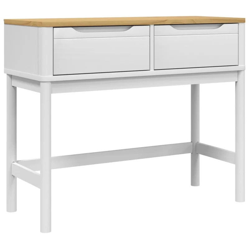Table console avec deux tiroirs 89,5 x 36,5 x 73 cm bois de pin et MFD blanc et chêne DEC031988