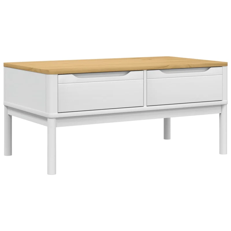 Table basse design moderne et contemporaine avec deux tiroirs 99 x 55,5 x 45 cm bois massif de pin blanc DEC039135