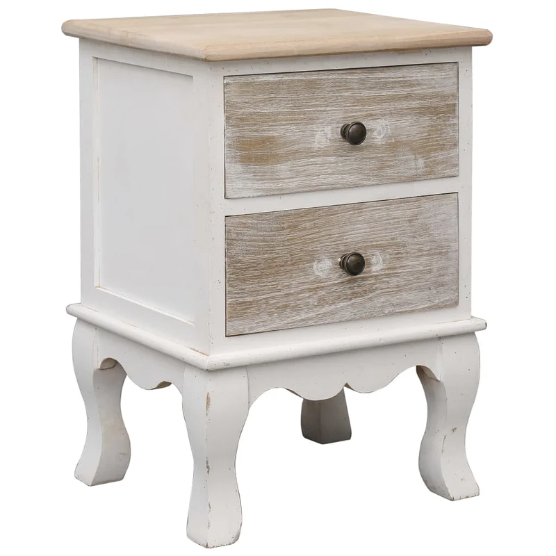 Table de chevet vintage en bois de paulownia avec 2 tiroirs – Blanc et bois – 35 x 30 x 50 cm DEC032901