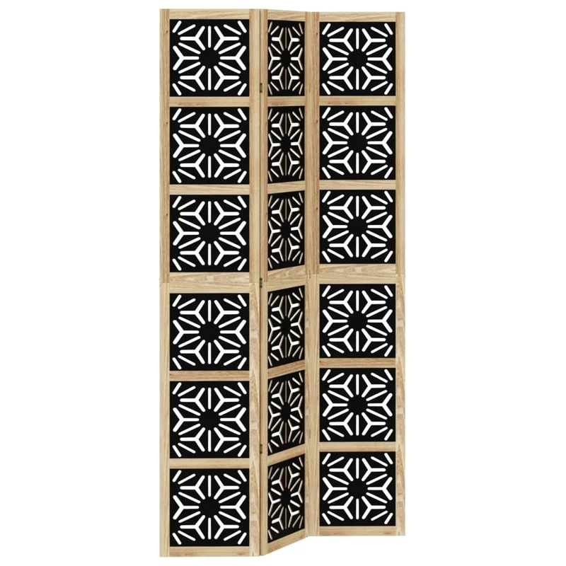 Paravent séparateur de pièce cloison 3 panneaux design géométrique en bois de paulownia massif marron et noir DEC030792
