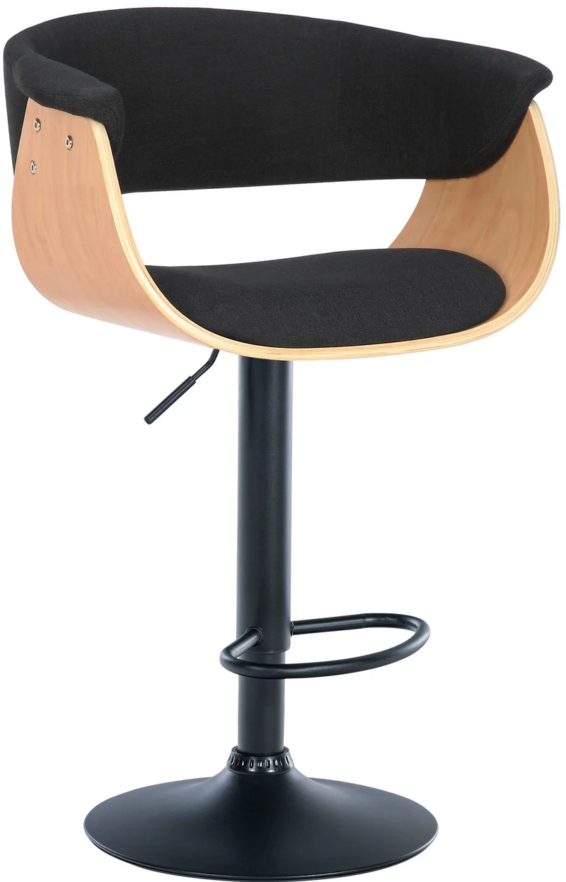Tabouret de bar design moderne siège réglable en hauteur et pivotant en tissu noir coque en bois et métal noir 10_0005454