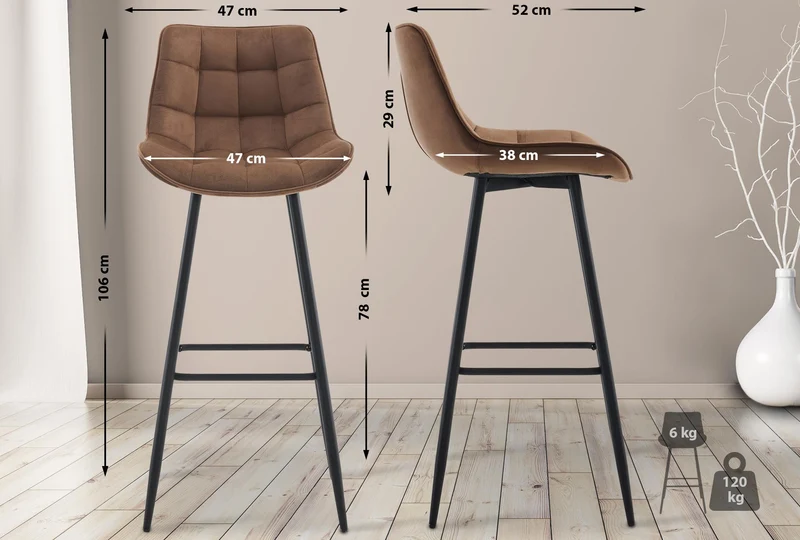 Lot de 2 tabourets de bar coutures décoratives carrées avec repose-pieds en velours marron quatre pieds en métal 10_0006761