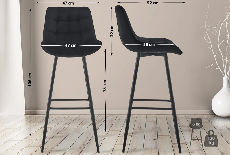 Tabouret de bar x1 coutures décoratives carrées avec repose-pieds en velours noir quatre pieds en métal 10_0006110