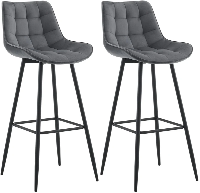 Lot de 2 tabourets de bar coutures décoratives carrées avec repose-pieds en velours gris foncé quatre pieds en métal 10_0006217