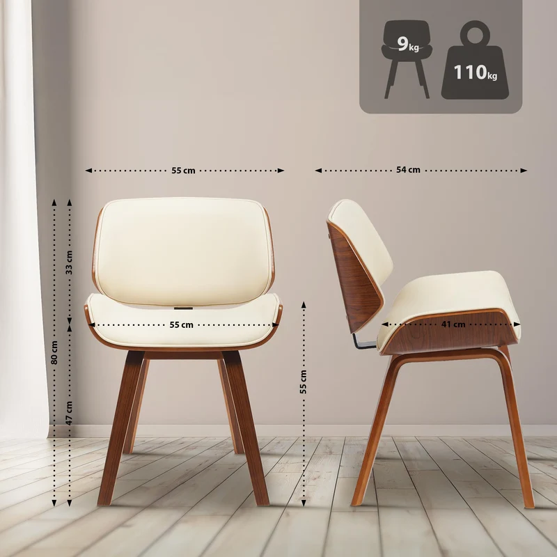 Chaise de salle à manger x1 style moderne rétro en PVC crème assise en bois courbé couleur noyer 10_0007512