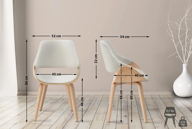 Chaise de salle à manger x1 design scandinave en bois courbé clair et tissu crème 10_0007425