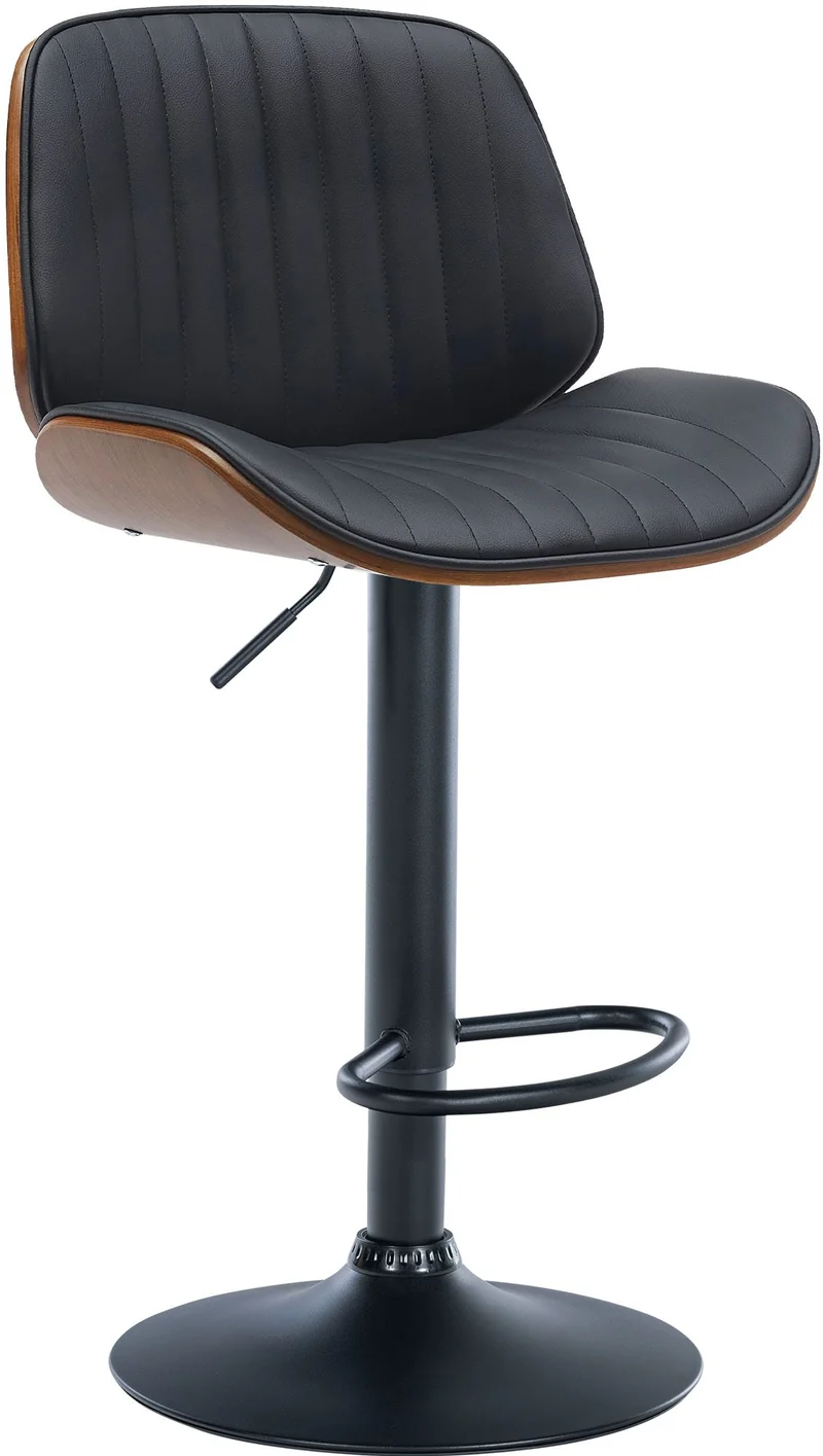 Tabouret de bar design moderne coutures verticales en bois noyer PVC noir et métal noir 10_0005296