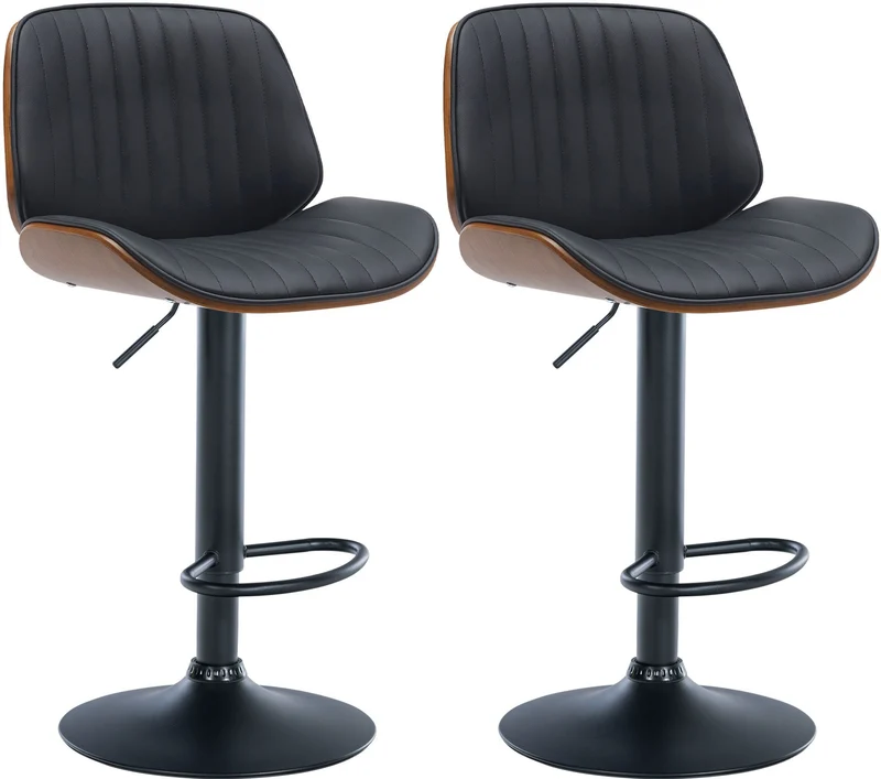Lot de 2 tabourets de bar en similicuir noir avec surpiqûres cadre en bois foncé pieds en métal noir TDB10748