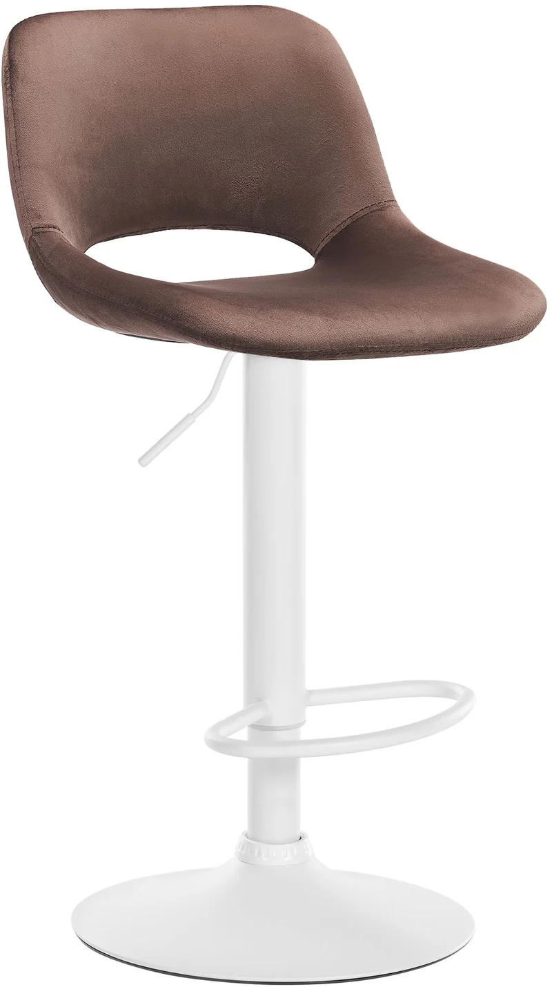 Tabouret de bar chaise haute x1 avec repose-pieds en velours marron piètement métallique blanc 10_0004608