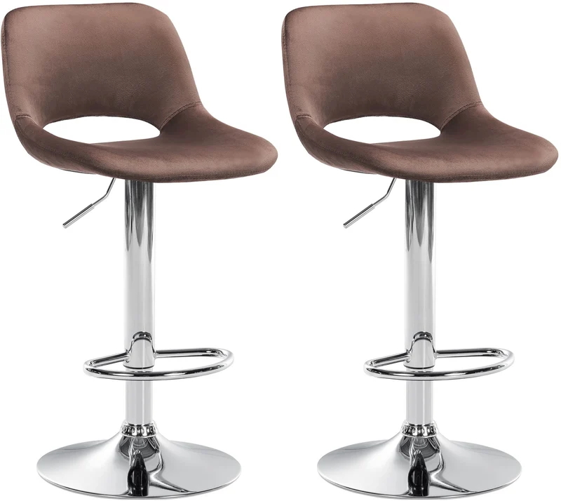 Tabourets de bar chaises haute x2 avec repose-pieds en velours marron piètement métallique chromé 10_0004076