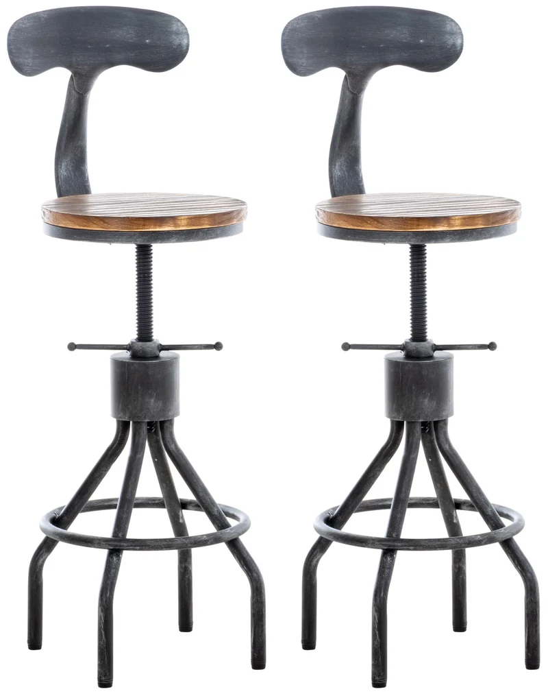 Lot de 2 tabourets de bar industriels en bois et métal argenté – Réglables en hauteur avec dossier et repose-pieds 10_0006428