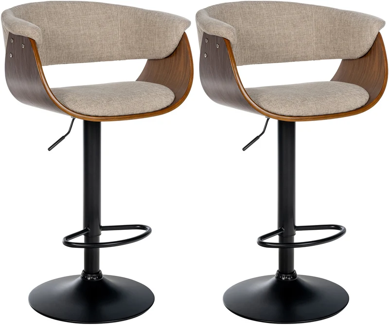 Lot de 2 tabourets de bar réglables et pivotants – Assise tissu crème avec coque bois piètement métal noir 10_0006414